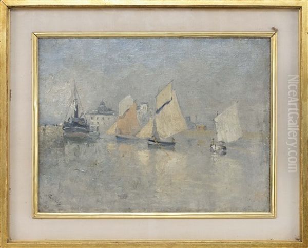 Boats In A Harbor Oil Painting by Frank Myers Boggs