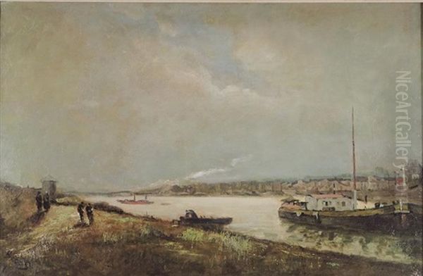 French River Scene With Boats And Stroller On Bank Oil Painting by Frank Myers Boggs