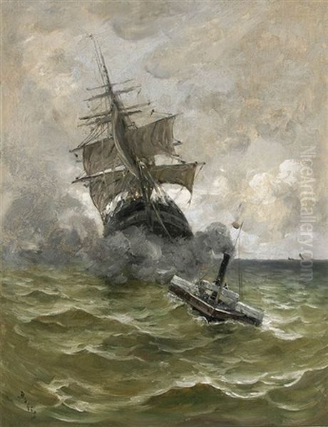 Steam Tug With Sailing Ship Under Tow Oil Painting by Frank Myers Boggs