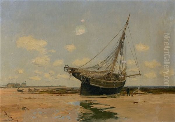 Bateau Echoue Sur La Plage De Grandcamp Oil Painting by Frank Myers Boggs