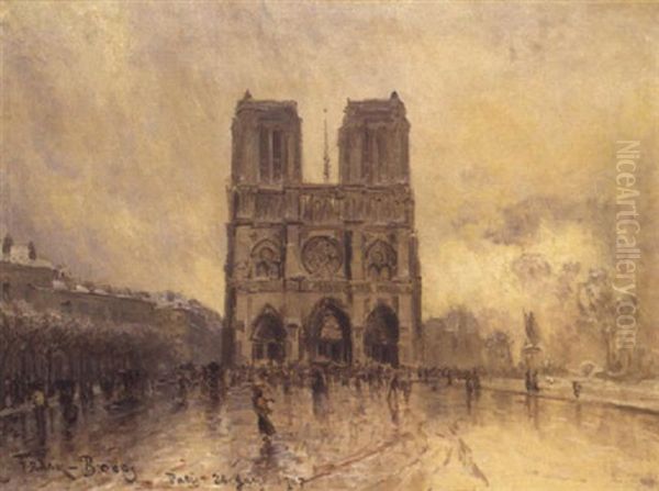 Paris, Temps Gris, Animation Sur Le Parvis De Notre-dame Oil Painting by Frank Myers Boggs