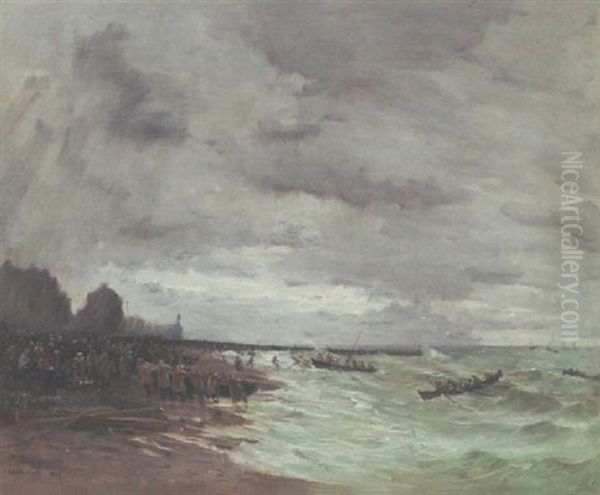 Beaching The Boats At Grandcamps, Normandy Oil Painting by Frank Myers Boggs