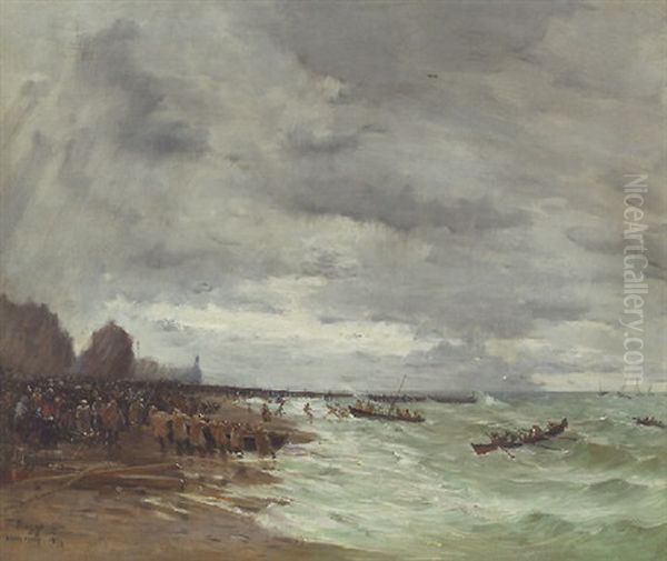 Beaching The Boats At Grandcamps, Normandy Oil Painting by Frank Myers Boggs