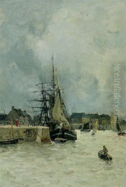 Ships At Harbor Oil Painting by Frank Myers Boggs