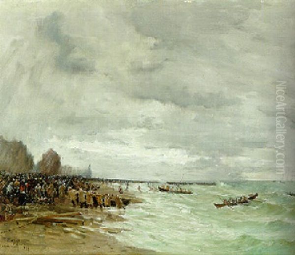 Beaching The Boats At Grandcamps, Normandy Oil Painting by Frank Myers Boggs