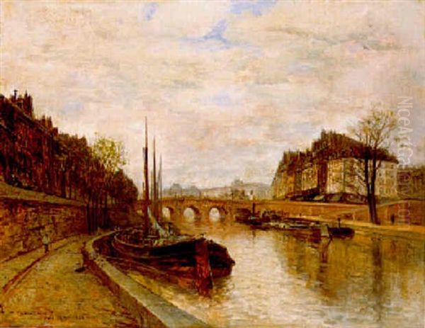 Vue De La Seine Au Pont-neuf Avec L'ile De La Cite Et Le Louvre Oil Painting by Frank Myers Boggs