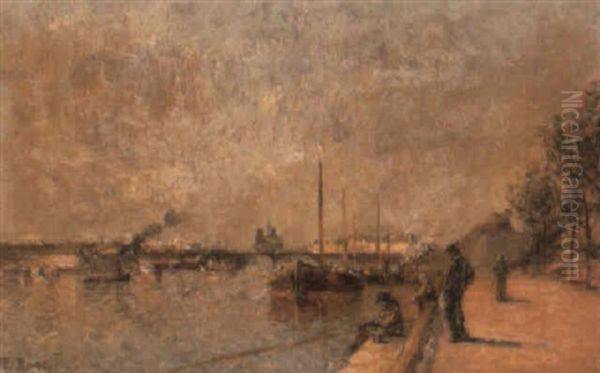 Barges On The Seine Oil Painting by Frank Myers Boggs