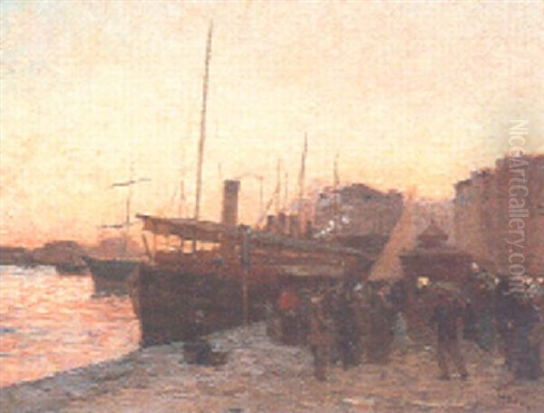 Docks At Sunset Oil Painting by Frank Myers Boggs