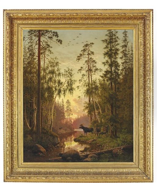 Forest Scene With Elks by Carl Henrik Bogh