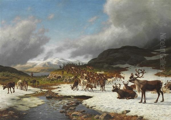 Reindeer Herd In The Mountains North Of Roros Oil Painting by Carl Henrik Bogh