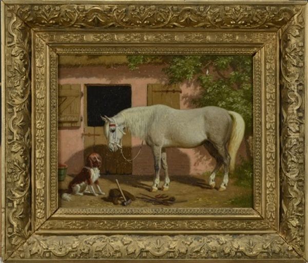 Stallexterior Med Hast Och Hund Oil Painting by Carl Henrik Bogh