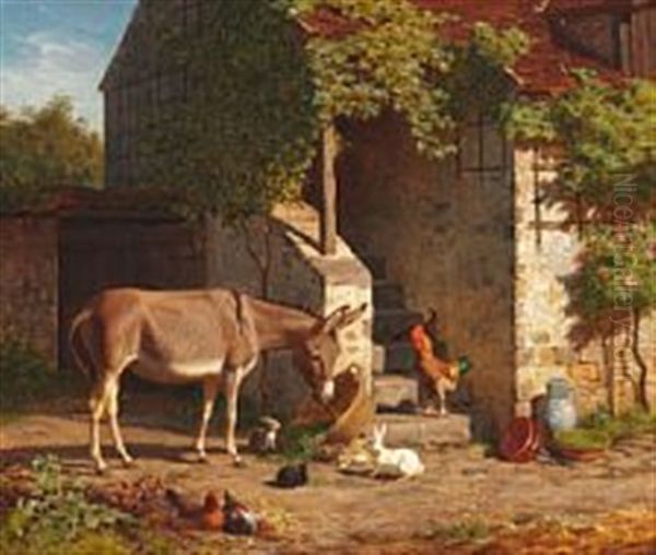 Farm Exterior With Donkey Surrounded By Hens And Rabbits Oil Painting by Carl Henrik Bogh