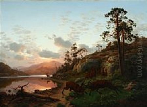 Mountainscape With Deer In Heat, Sunset Oil Painting by Carl Henrik Bogh