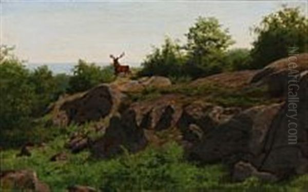 A Stag In A Rocky Landscape Oil Painting by Carl Henrik Bogh