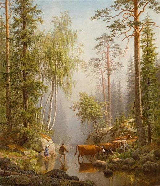 Prachtvolle Morgendliche Waldlandschaft Mit Aufsteigendem Dunst. Kinder Treiben Vieh Durch Eine Furt Oil Painting by Carl Henrik Bogh