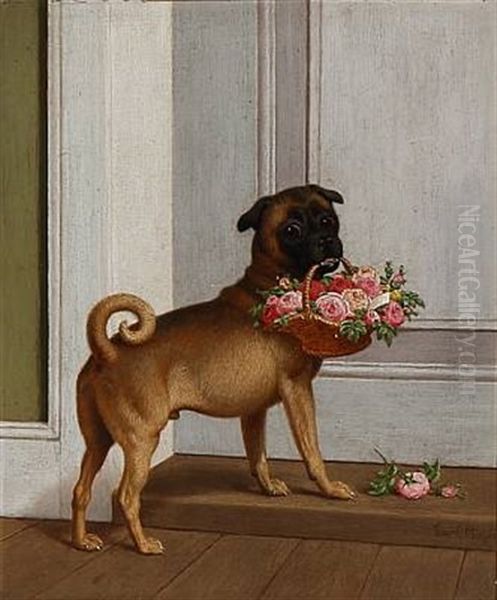 A Dog With A Flower Basket Oil Painting by Carl Henrik Bogh