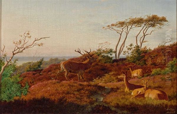 Rotwild In Herbstlicher Landschaft Oil Painting by Carl Henrik Bogh