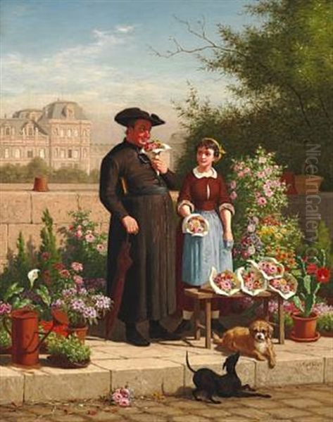 A Priest And A Flower Girl. In The Background The Louvre In Paris Oil Painting by Carl Henrik Bogh