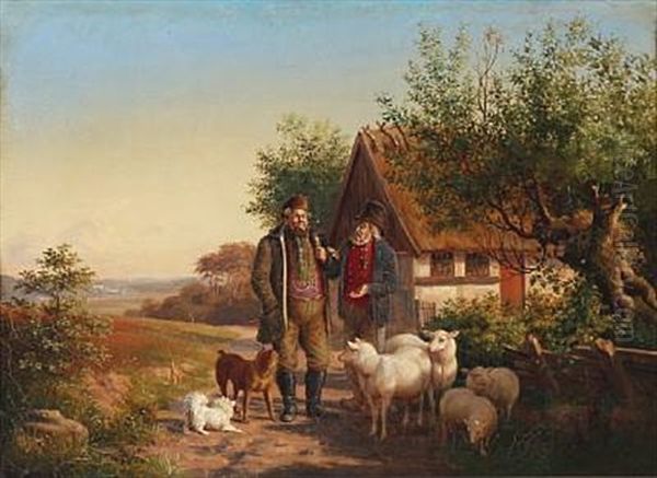 Two Men On The Country Road, One Is Selling Sheep Oil Painting by Carl Henrik Bogh