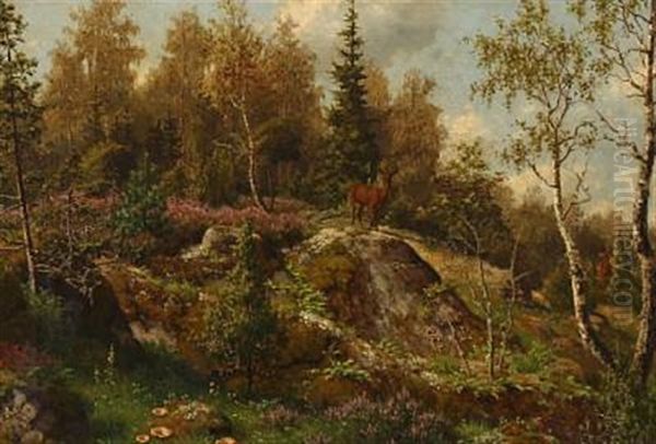 Swedish Forest Landscape With A Deer Standing On A Rock Oil Painting by Carl Henrik Bogh