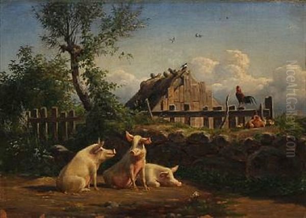 Farm Idyll With Pigs And Chickens Oil Painting by Carl Henrik Bogh