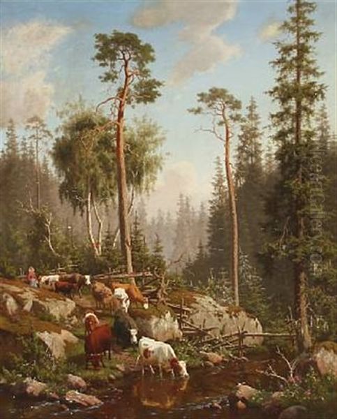 Swedish Forest Landscape With A Woman Herding Cattle Oil Painting by Carl Henrik Bogh