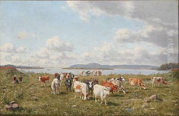 Koer Paa Marken Ved Einsidelsborg Oil Painting by Carl Henrik Bogh