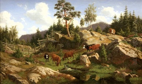 Herd Of Cattle On Hill Oil Painting by Carl Henrik Bogh