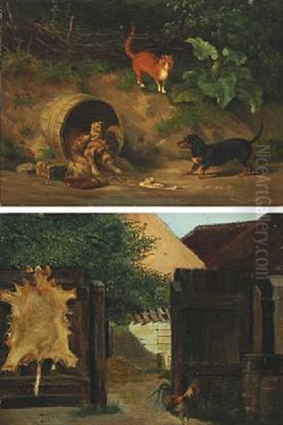 Landscape With Playing Cat And Dogs And An Yard With Hens (2 Works) Oil Painting by Carl Henrik Bogh