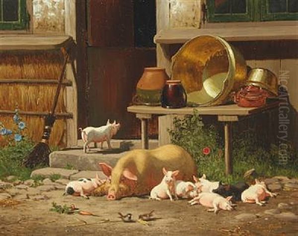 Summer Day With A Sow And Her Piglets Oil Painting by Carl Henrik Bogh