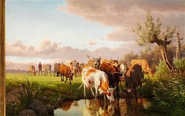 Koer Ved En Vanding (watering The Cows) Oil Painting by Carl Henrik Bogh