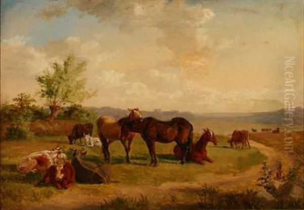 Heste Og Koer I Det Fri (horses And Cows In A Landscape) Oil Painting by Carl Henrik Bogh