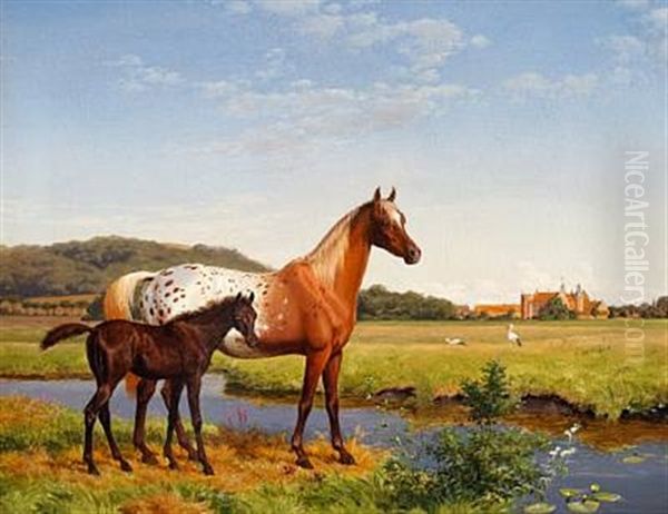 Horses And Storks In The Meadow Near The Manor House Gl. Estrup Oil Painting by Carl Henrik Bogh