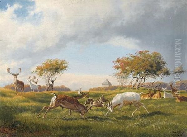 Hirschkampf In Danischer Landschaft Oil Painting by Carl Henrik Bogh