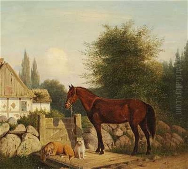 Hest Og To Hunde Ved Lagen Til Et Bindingsvaerkshus Oil Painting by Carl Henrik Bogh