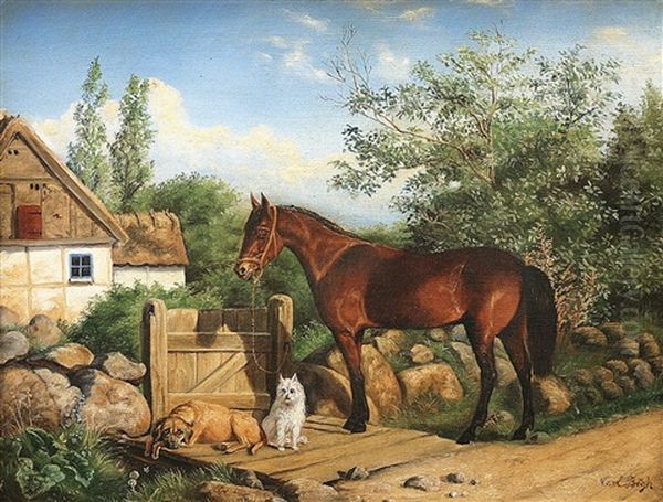 Ein Pferd Und Zwei Hunde Warten Vor Dem Hof Oil Painting by Carl Henrik Bogh