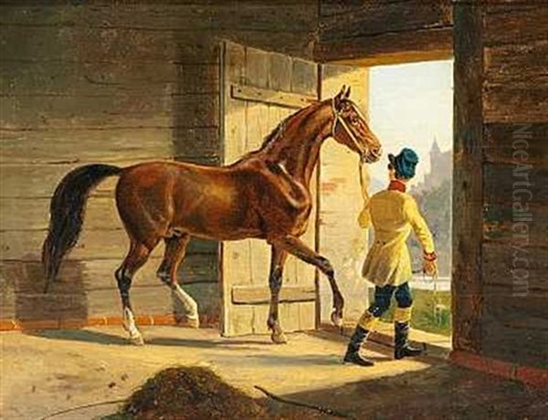 En Rideknaegt Traekker En Hest Ud Af Stalden Oil Painting by Carl Henrik Bogh