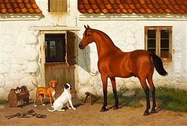 En Hest Og To Hunde Foran En Solbeskinnet Staldbygning Oil Painting by Carl Henrik Bogh