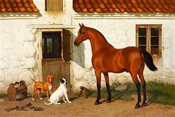 En Hest Og To Hunde Foran En Solbeskinnet Staldbygning Oil Painting by Carl Henrik Bogh