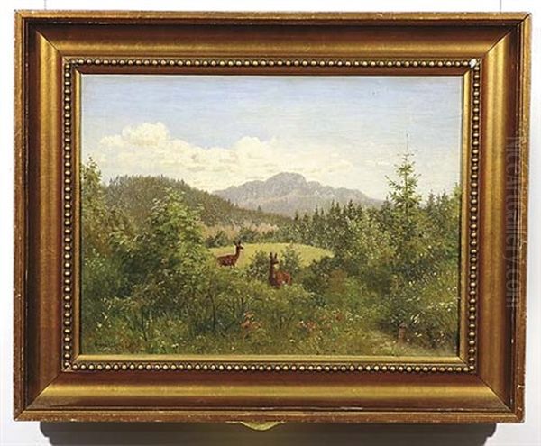 Deer In A Wooded Foothill Landscape Oil Painting by Carl Henrik Bogh