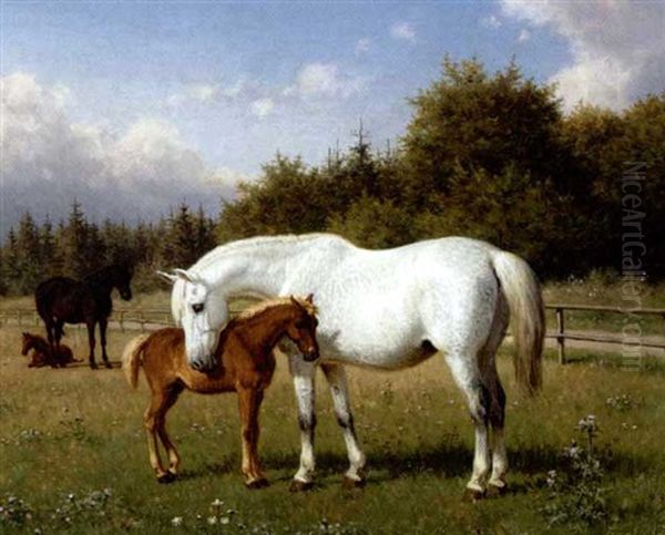 Heste Og Fol Pa Marken Oil Painting by Carl Henrik Bogh