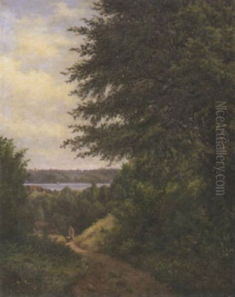 Narrow Country Road With Lake In The Distance Oil Painting by Carl Henrik Bogh