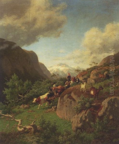 Norsk Landskab Fra Dovre Med Hyrdedreng, Far Og Koer Oil Painting by Carl Henrik Bogh