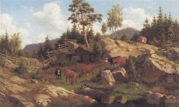 Graessende Koer I Bjergene Oil Painting by Carl Henrik Bogh