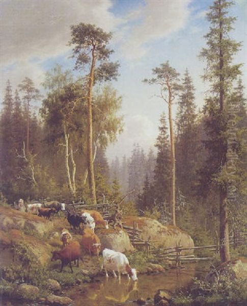 Koer Ved Vandingssted, Sverige Oil Painting by Carl Henrik Bogh