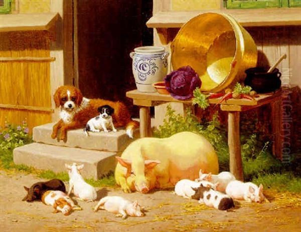 Gardexterior Med Grisefamilie Og To Hunde Ved Siden Af Kokkendoren Bord Med Grontsager Og Krukker Oil Painting by Carl Henrik Bogh