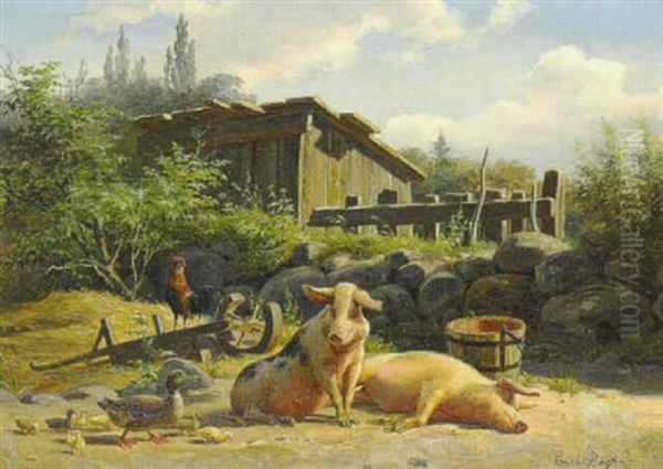 Grise, Aender Og Hane I Svinesten Oil Painting by Carl Henrik Bogh