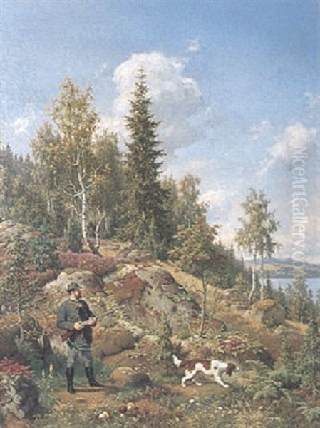 Skogslandskap Med Jagare Och Hund, Sommar Oil Painting by Carl Henrik Bogh