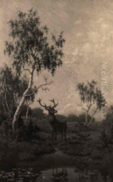 Kronenhirsch Am Waldsee Oil Painting by Carl Henrik Bogh