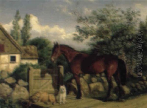 Landskab Med Hest Og To Hunde Oil Painting by Carl Henrik Bogh